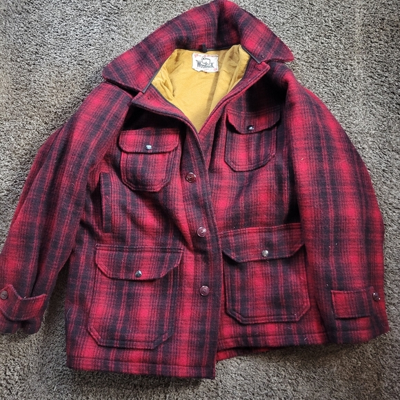 Woolrich Vintage Wool Coat Hunting Red Black Plaid Men's Size 46
